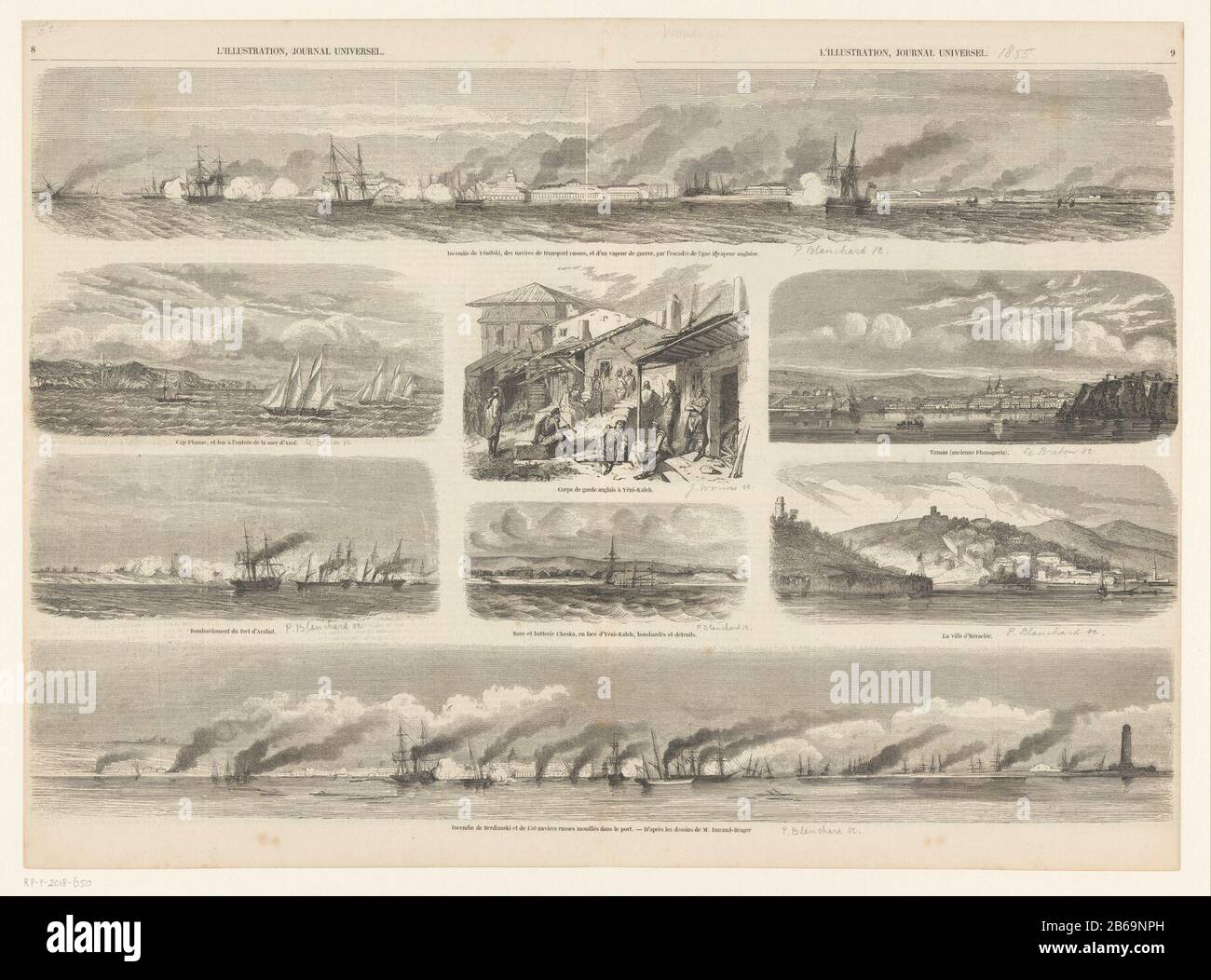 Double page with eight scenes from the Crimean War, 1855. Mostly zeeslagen. Manufacturer : printmaker Jules Worm print Author: P. Blanchard print Author: Le Breton Post production: France Date: 1855 Physical features: wood engra material: paper Technique: wood engra dimensions: sheet: h 364 mm × W 495 mmToelichtingIllustratie taken from L'Illustration, Journal Universel of July 7, 1855 . Subject: battle (+ naval force) Crimean War When: 1855 - 1855 Stock Photo