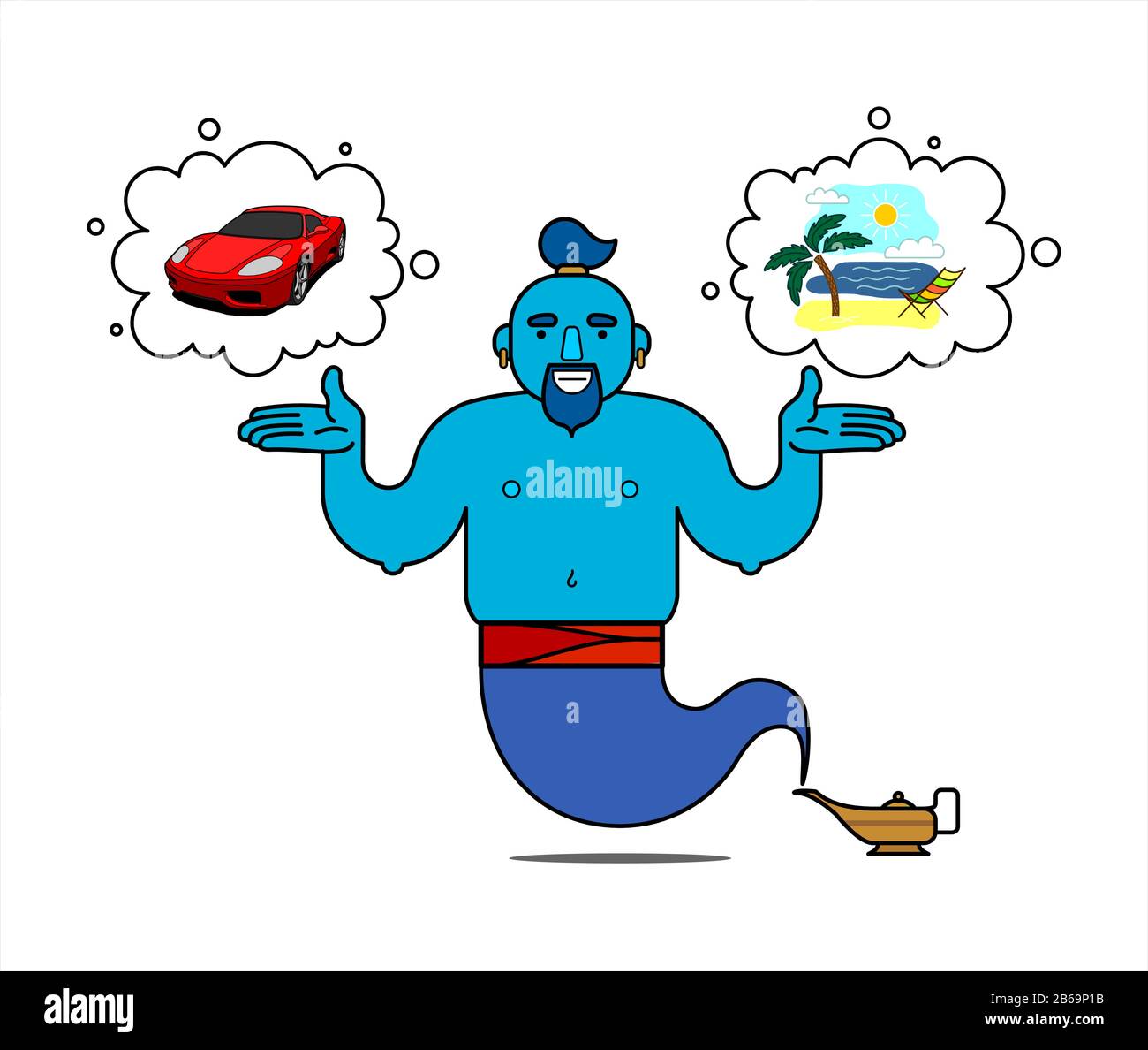 Blue genie from the lamp, cartoon character. The genie will easily fulfill any three wishes. I want a vacation on the sea, I want a cool car. Illustra Stock Vector