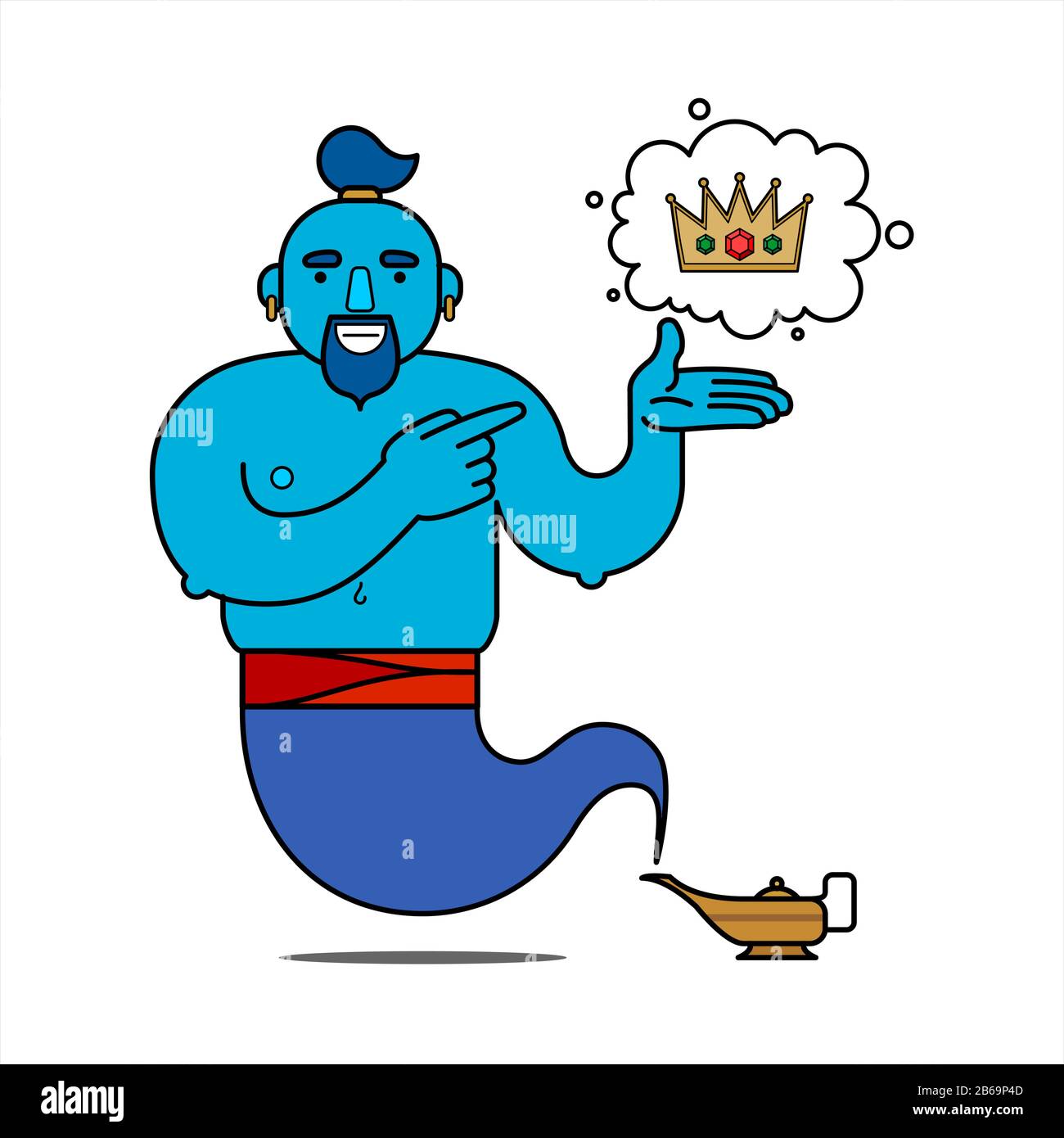 Blue genie from the lamp, cartoon character. The desire to have power. The genie will fulfill any three wishes. The crown is a symbol of power. Illust Stock Vector