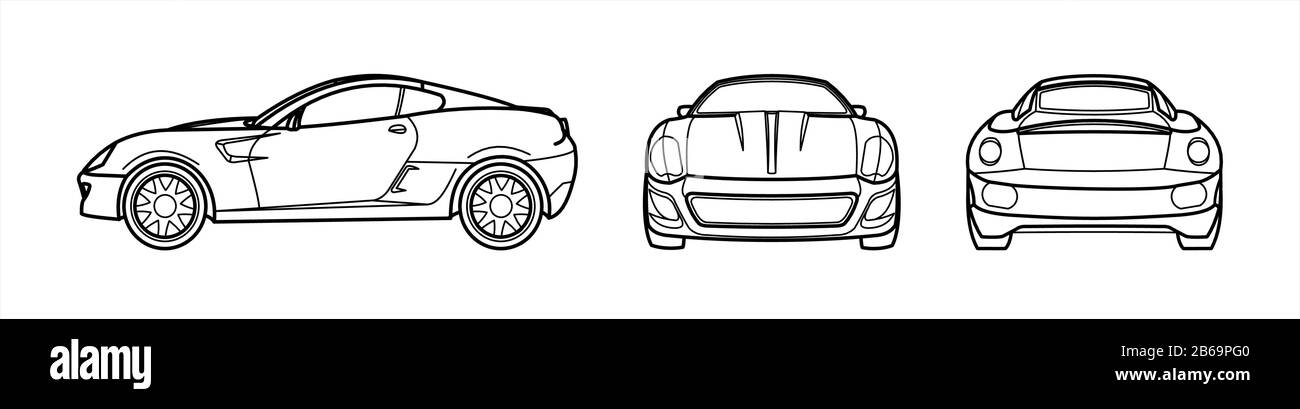 Outline Vector Car On A White Background, Line Art, All Views, Three Views, Side; Front; Back. Fast Racing Car Template For Advertising. For Coloring Stock Vector