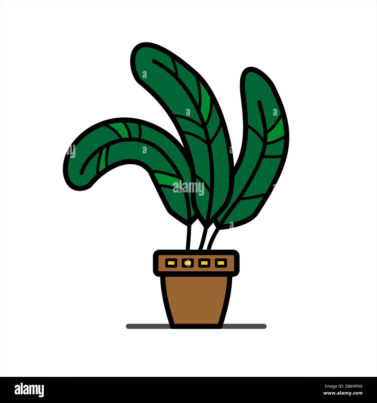 plant with wide leaves in a clay flower pot; home tropical herb; isolated on a white background Stock Vector