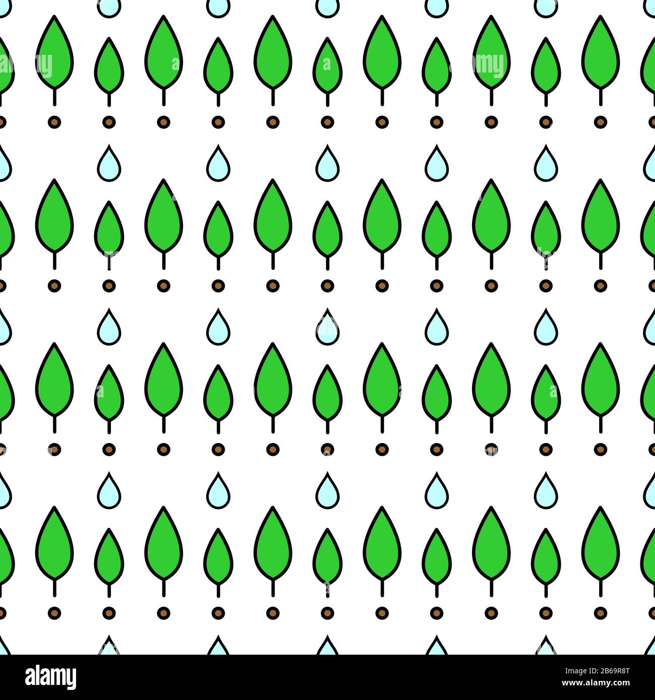 Vector seamless pattern of leaves of different sizes and drops of water