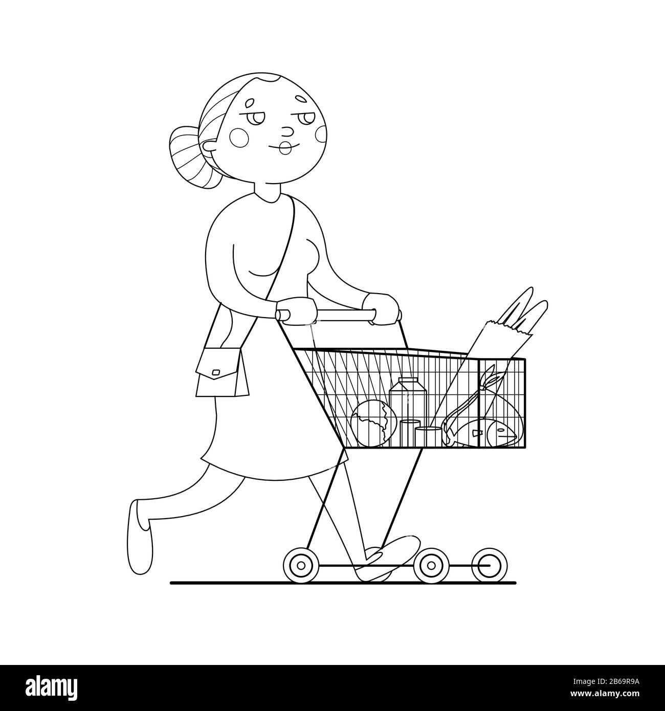 young woman carries a cart with groceries. Mom walks around the store, buys groceries, food. Contour vector image. For coloring book page. Stock Vector
