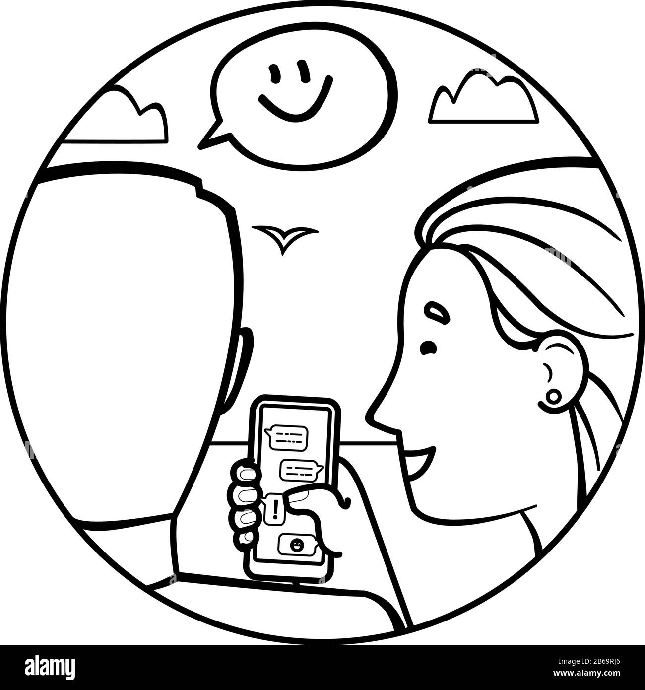 the boy and girl are talking; round icon. A girl shows a guy her chat phone. Friends, couple, man and woman are smiling. Emoji in the speech bubble. O Stock Vector