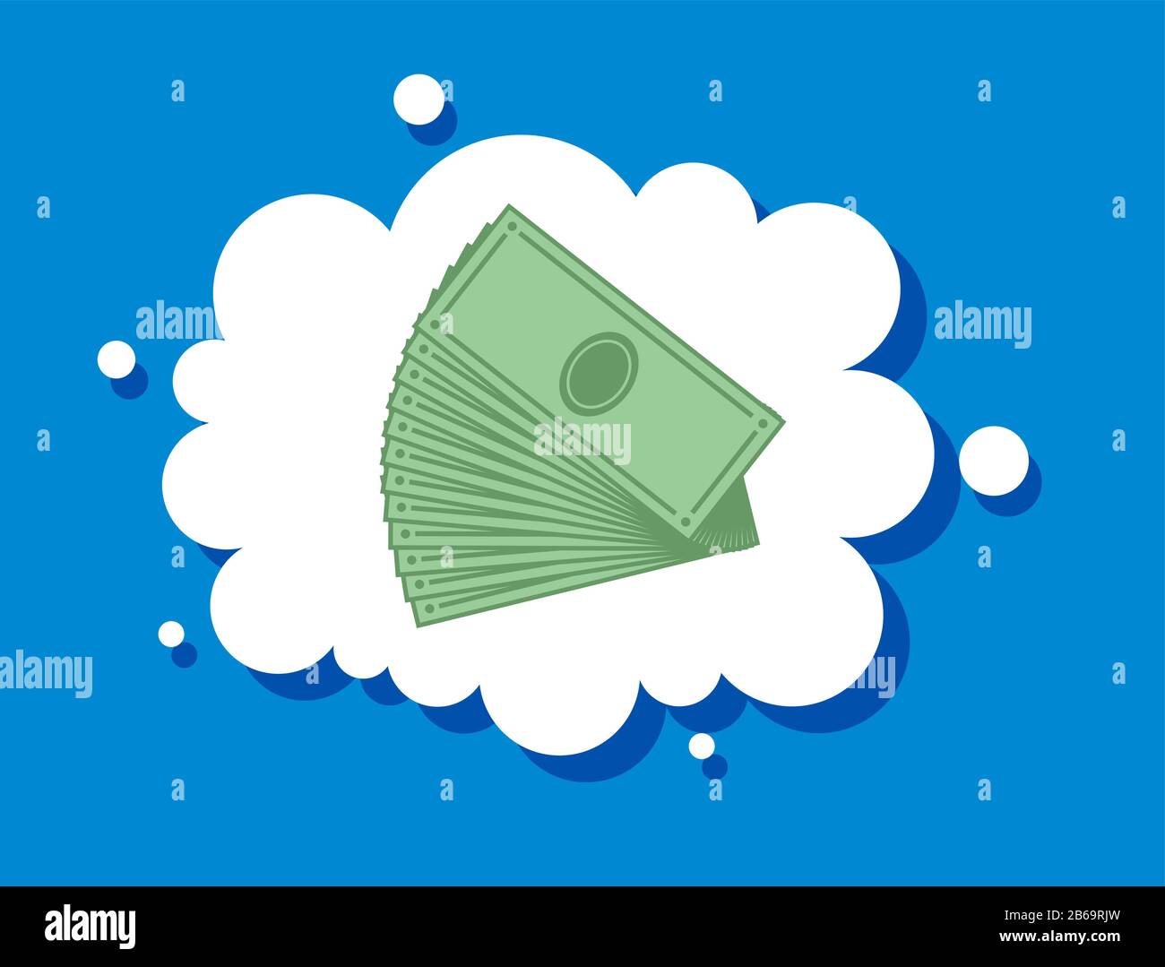 desire to have a lot of money. Dream of wealth. I want to be rich. Banknotes are fan-shaped. Cloud speech. Stock Vector