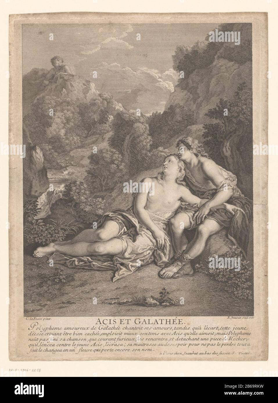 Acis en Galatea begluurd door PolyphemusAcis et Galathée. (titel op object) Object Type : prent Objectnummer: RP-P-1906-2218Catalogusreferentie: IFF 18e siècle 73 Inscriptions / Merken:  collector's mark , verso, gestempeld: Lugt 2228 Manufacturer : prentmaker: Edme Jeaurat (vermeld op object)naar schilderij van: Charles de Lafosse (vermeld op object)uitgever: Edme Jeaurat (vermeld op object)Plaats manufacture: prentmaker: Frankrijkuitgever: Parijs Dating: 1722 Material: papier Techniek: etsen / graveren (drukprocedé) / stippelwerk Dimensions: plaatrand: h 277 mm × b 202 mm Subject: Polyphemus Stock Photo