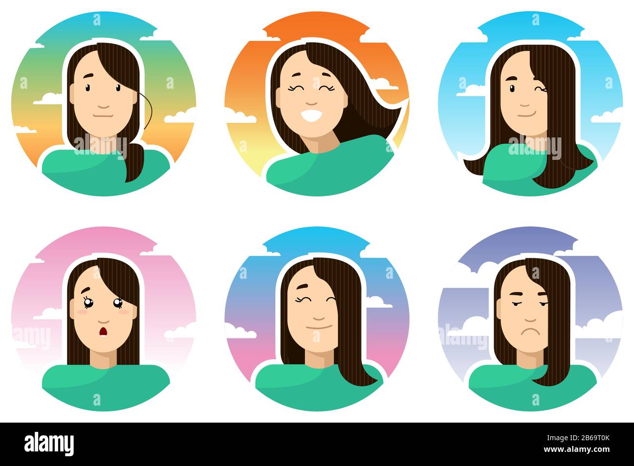 set of icons with girls with different emotions; happy, satisfied, winking, dissatisfied, surprised; round icons on the background of sky and clouds. Stock Vector
