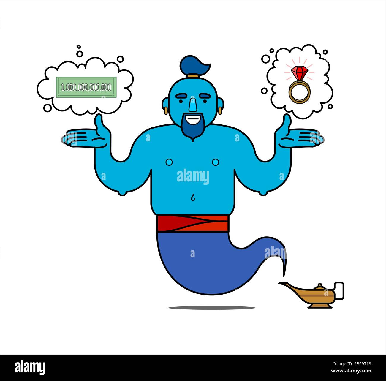 Blue genie from the lamp, cartoon character. The desire to be rich. The genie will easily fulfill any three wishes. Banknote, ring - symbols of wealth Stock Vector
