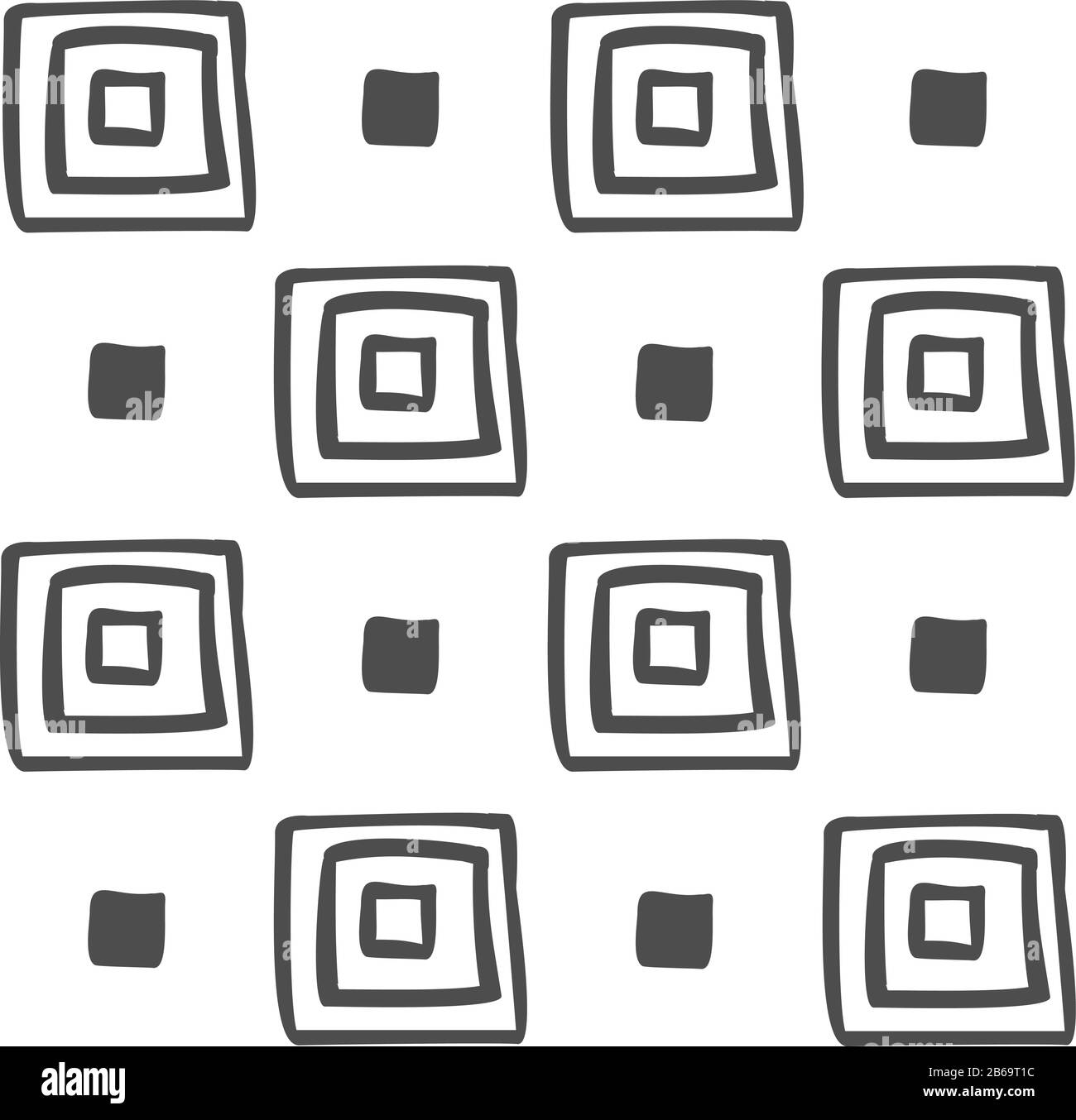 Vector seamless black and white geometric pattern of hand-drawn squares of different sizes. On white background . For decor, textile, wrapping, fabric Stock Vector