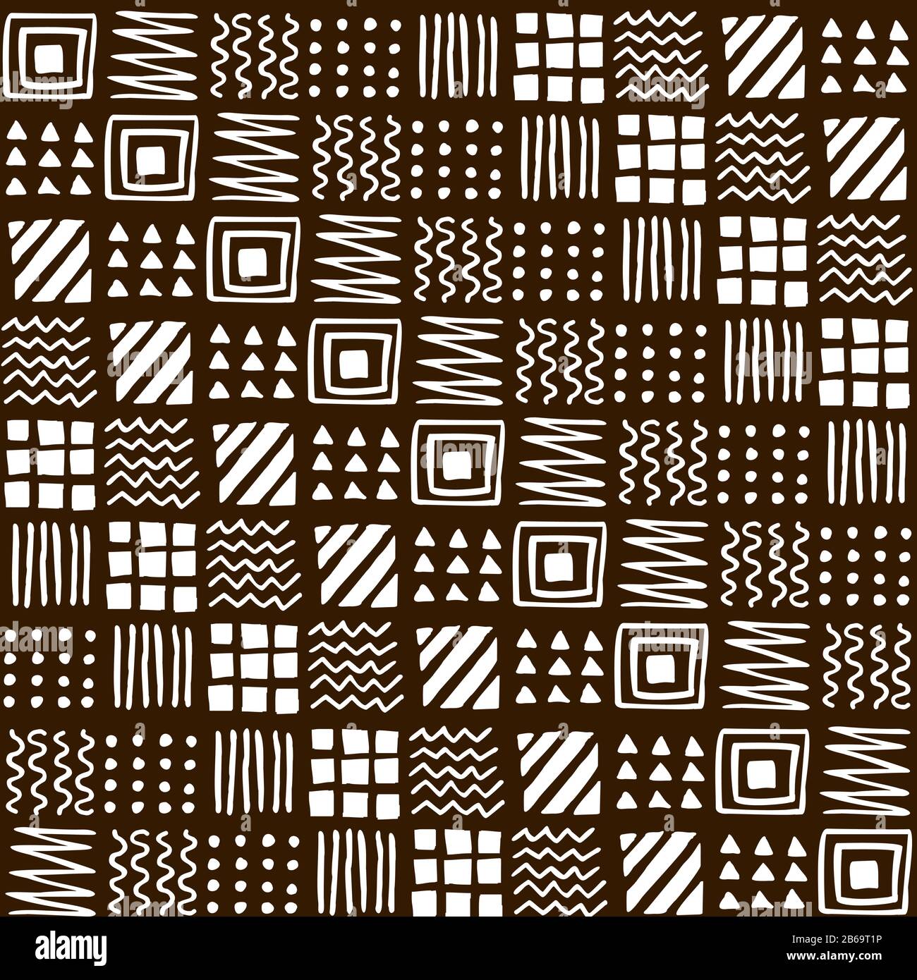 Vector seamless geometric pattern of squares, stripes, lines, waves, triangles, dots, zigzags, hand-drawn. Ethnic white pattern on a dark, dark brown Stock Vector