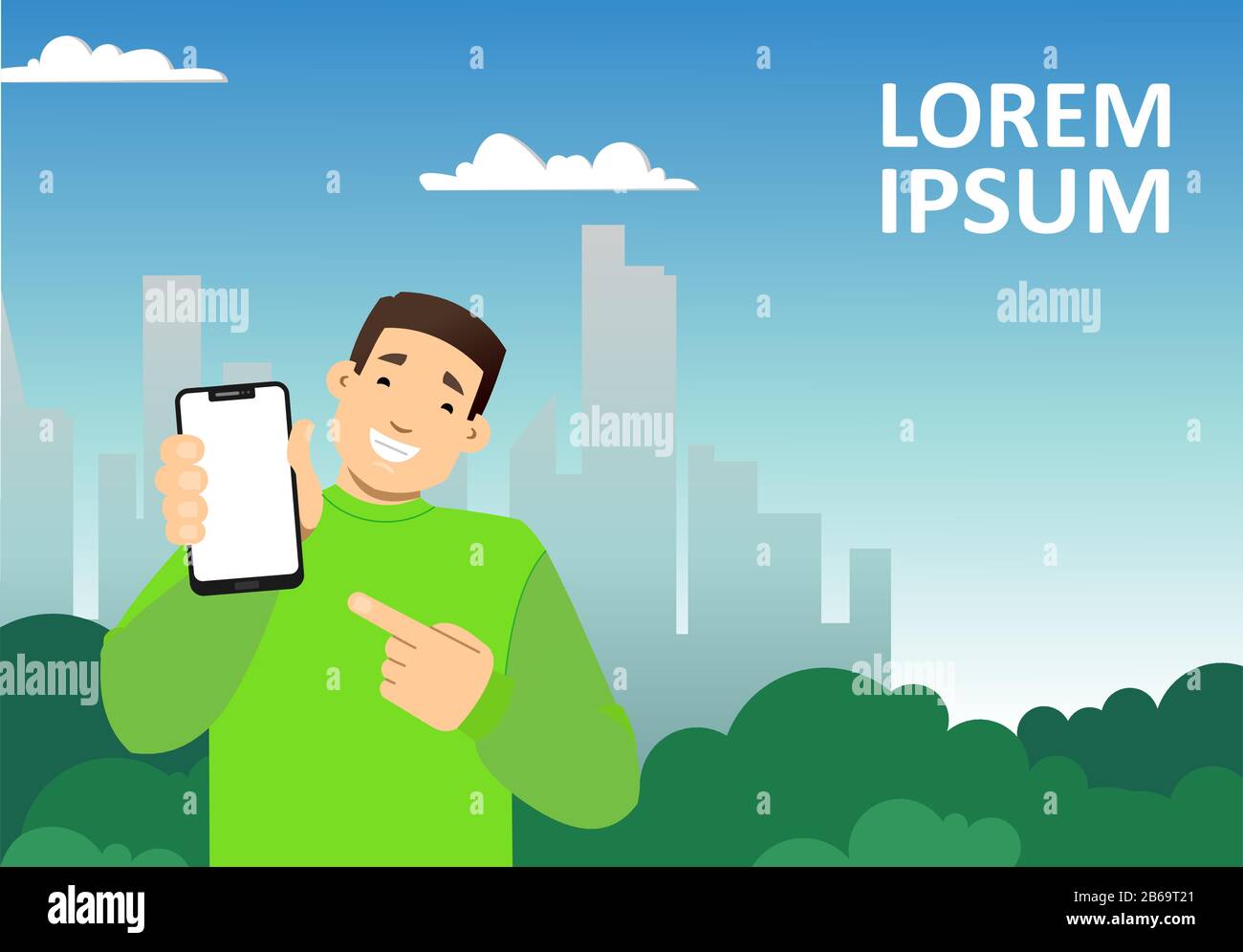 smiling guy with a phone on the background of the city, skyscrapers; shows a blank screen of the phone, points to it with a finger; copy space horizon Stock Vector