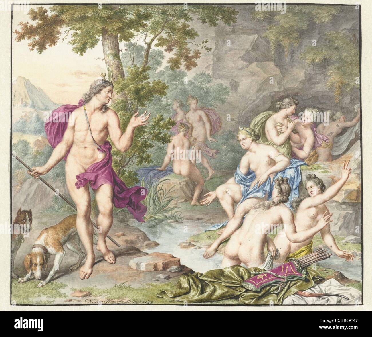 Actaeon surprised Diana and her companions Actaeon surprised Diana and her companions object type: Drawing Object number: RP-T 1919-52 Manufacturer : artist: Willem van Mieris Date: Dec 9 1693 Physical features: brush in watercolor and body color, gouache on parchment material: parchment finish coating watercolor gouache (water) Measurements: h 175 mm × W 205 mm Subject: Actaeon changed into a tag: as punishment for seeing re bathe, Diana changes Actaeon, the hunter, into a tag (Ovid, Metamorphoses III 193) Stock Photo