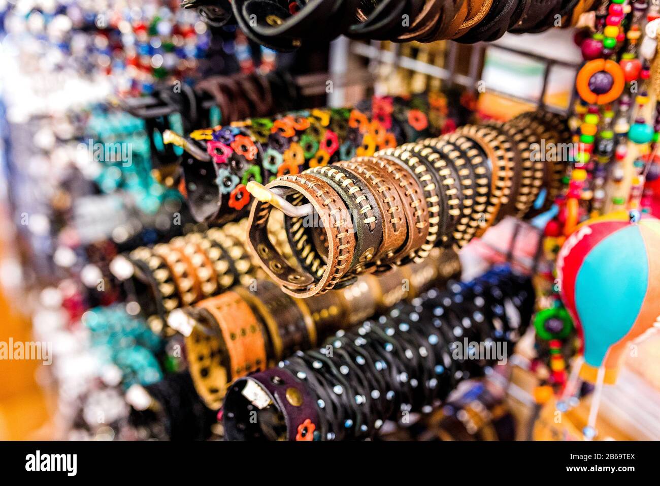 Leather vintage bracelets in a flea market Stock Photo Alamy