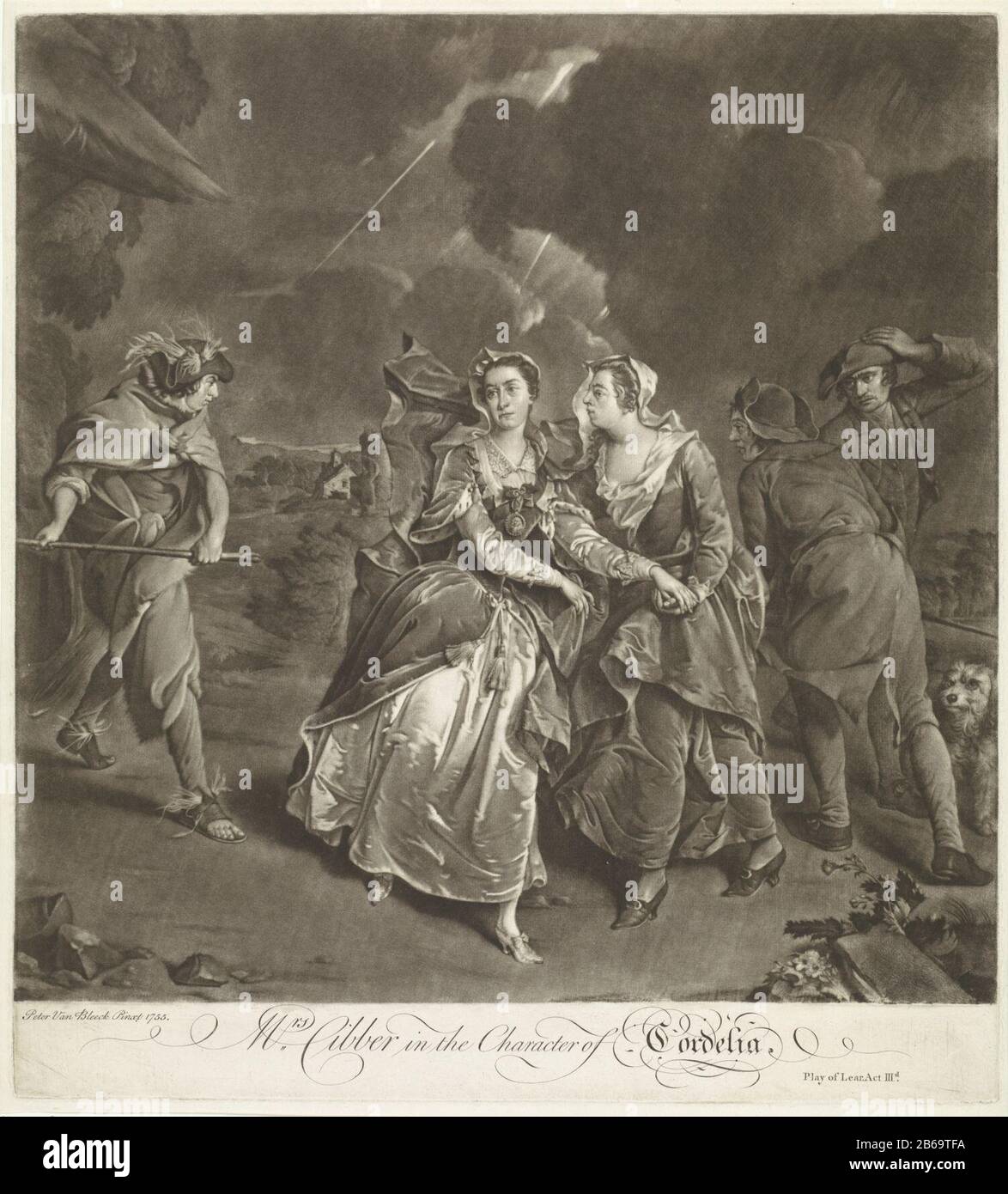 Actress Susannah Maria Cibber in the role of Cordelia Scene from  Shakespeare's King Lear. Cordelia (actress Susannah Maria Cibber) stands  out in the storm. Next to her a woman who accompanies her.