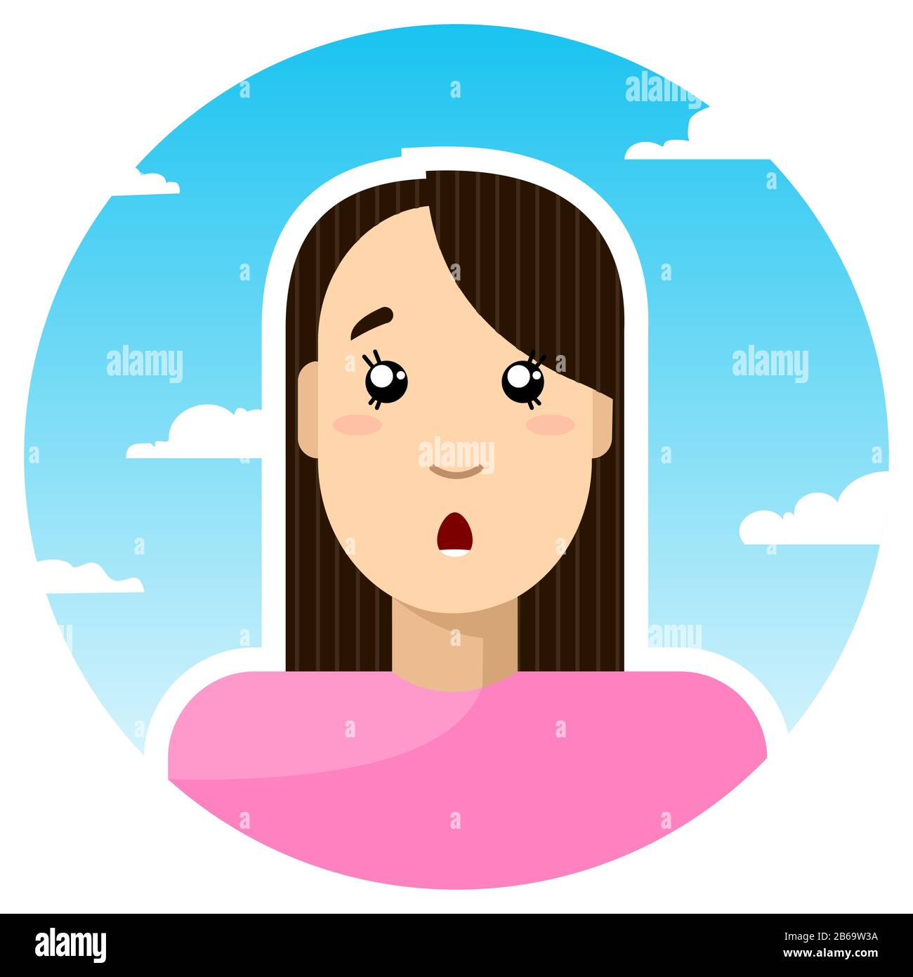 Surprised, shocked girl; round icon on a background of sky and clouds. Stylized vector caucasian girl. Stock Vector