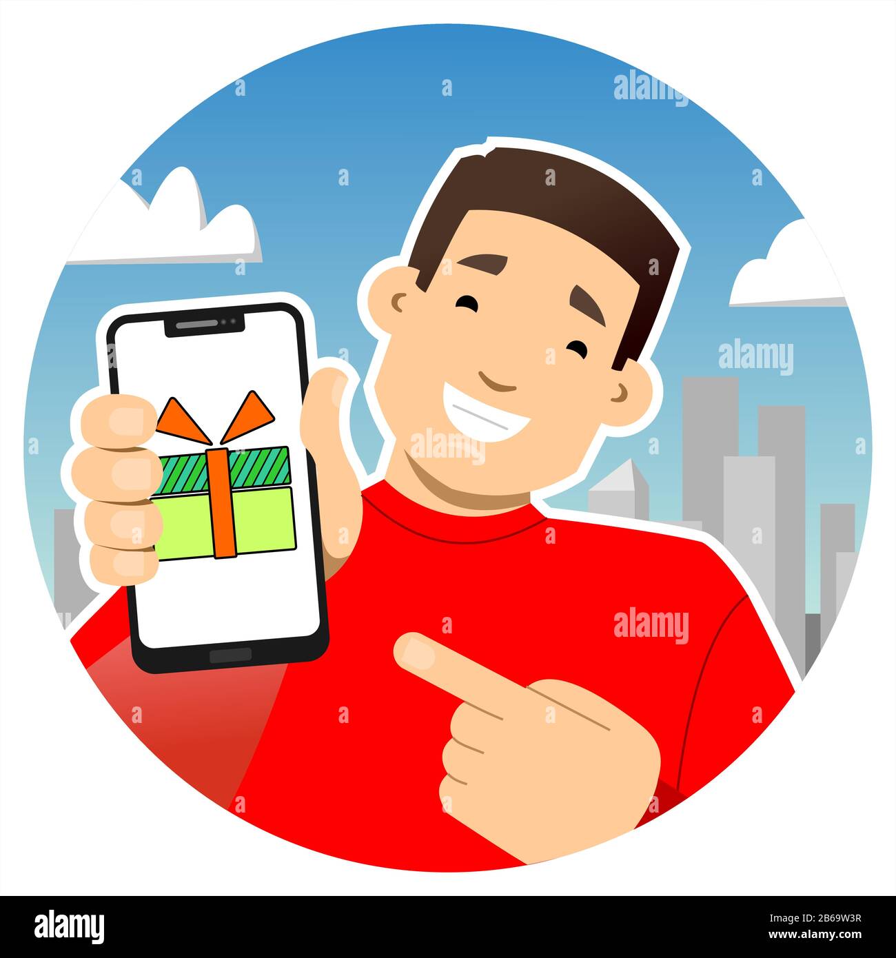 Smiling guy with a phone. Shows the phone screen, points to it with a finger. Gift, gift box with a bow on the screen. Round icon. Stock Vector