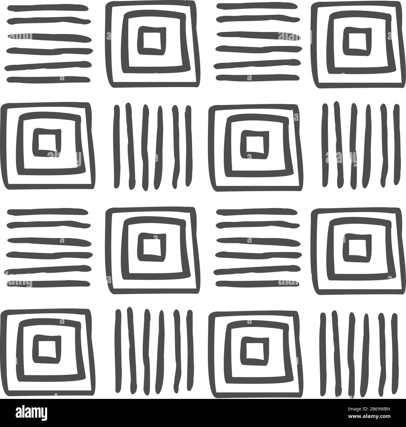 Vector seamless black and white geometric pattern of hand-drawn squares and stripes, lines. For decor, textile, fabric, carpet, wallpaper, ceramic til Stock Vector