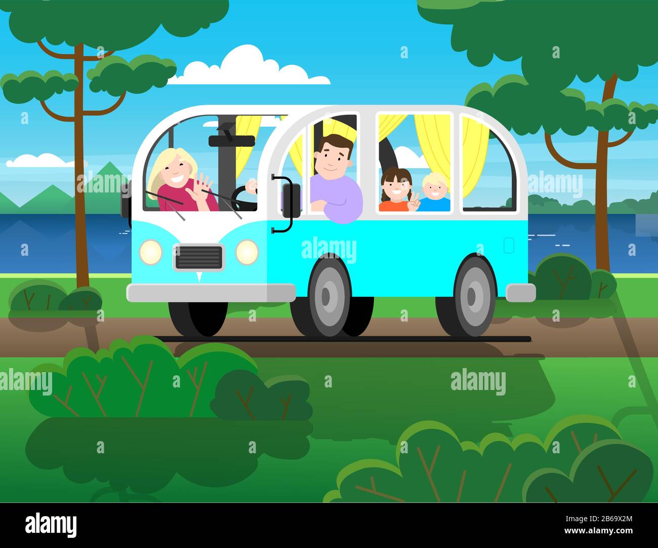 Family travel on minivan; father drives, mother, children; vacation in nature. Happy cartoon people kids in a retro minivan. Road trip, summer vacatio Stock Vector