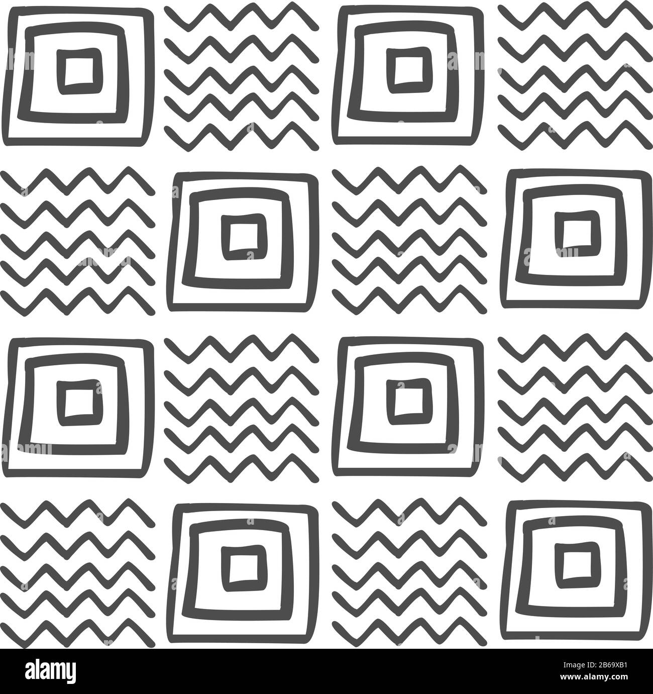 Vector seamless black and white geometric pattern of hand-drawn squares and zigzags. Black pattern on a white background. For decor, textile, fabric, Stock Vector