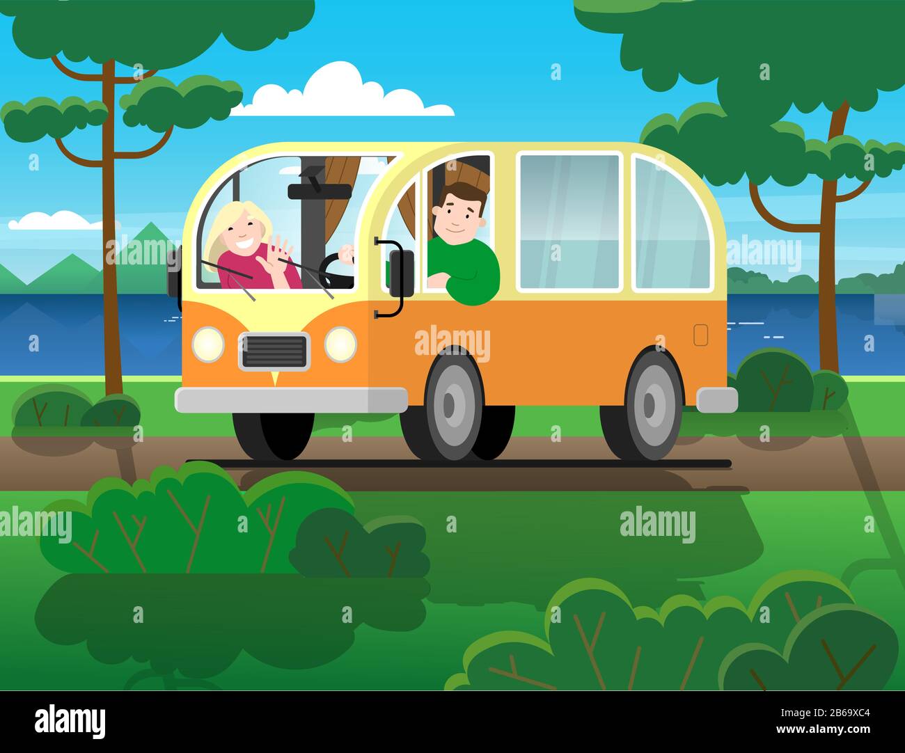 Family travel on a minivan; a man drives a car, a woman waves her hand. Happy cartoon people in a retro minivan. Road trip, summer vacation by the riv Stock Vector