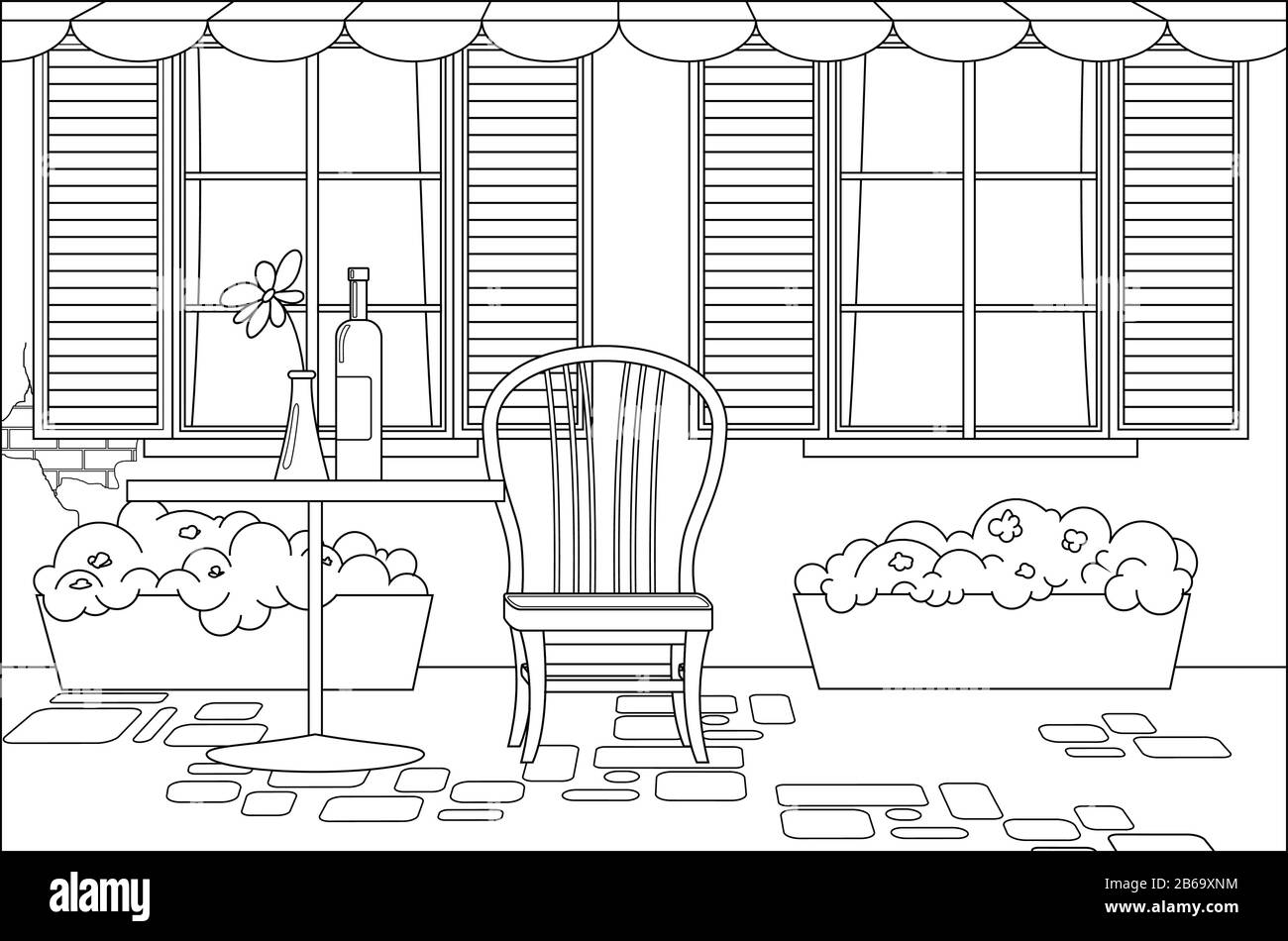 french street cafe with awning. Table and chair on the street, windows with shutters, flowers in floor flower pots; a bottle of wine on the table, a f Stock Vector