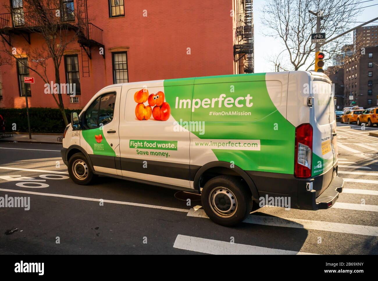 An Imperfect Foods brand delivery van in the Chelsea neighborhood of New York on Wednesday, March 4, 2020. Imperfect Foods is a food subscription service selling fruits and vegetables deemed to damaged or aesthetically unappealing by conventional distributors. (© Richard B. Levine) Stock Photo