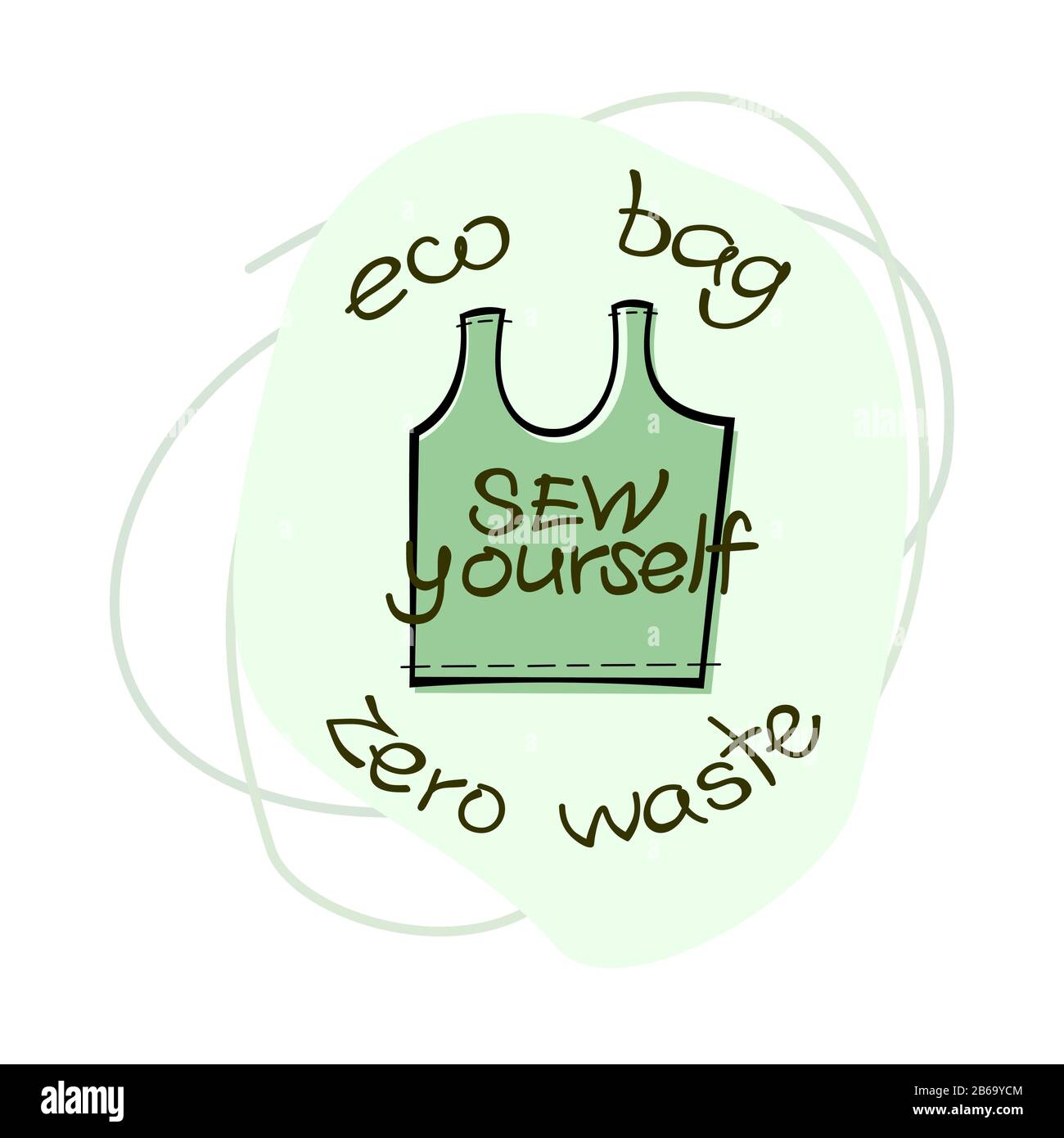 Reusable eco bag; hand drawn vector. Sew yourself an eco bag. Zero waste, say no to the plastic. Stock Vector