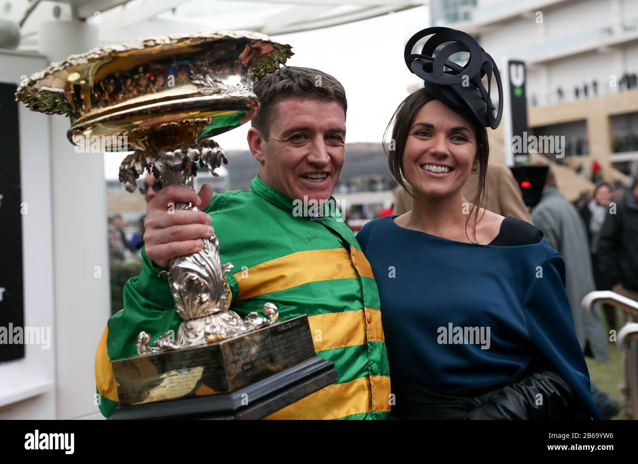 Winning Jockey of of Epatante, Barry Geraghty following victory in the Unibet Champion Hurdle Challenge Trophy on day one of the Cheltenham Festival at Cheltenham Racecourse, Cheltenham. Stock Photo