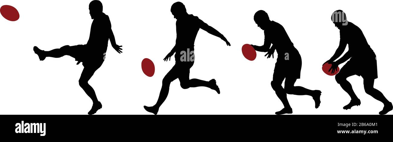 rugby player kicking ball in four steps silhouettes - vector Stock Vector