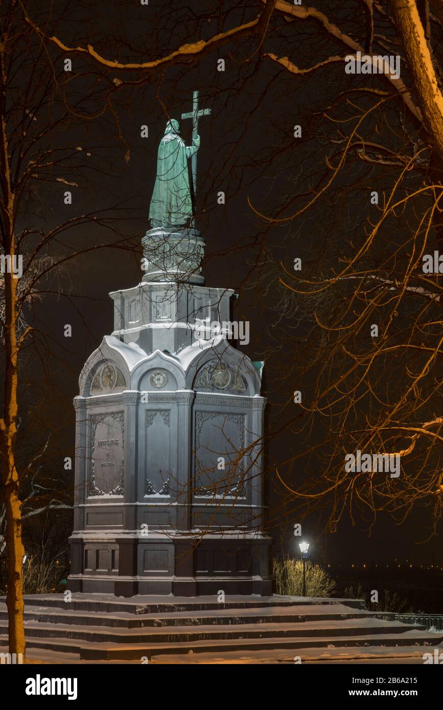 Illuminated bronze statue of Saint Vladimir in Kiev. Monument is