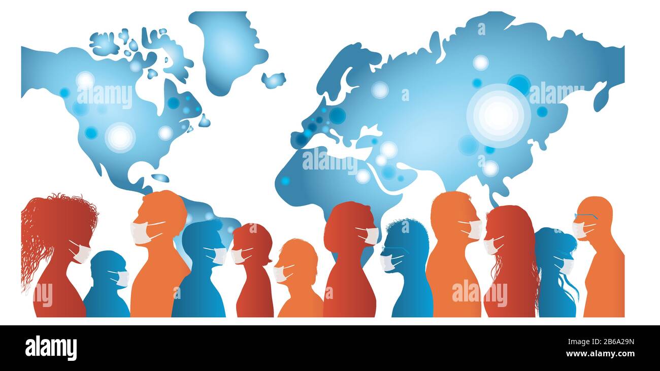 Crowd people protecting themselves against pandemic epidemic infection.Group of people wearing medical masks.Virus contamination. Coronavirus.Covid19 Stock Vector