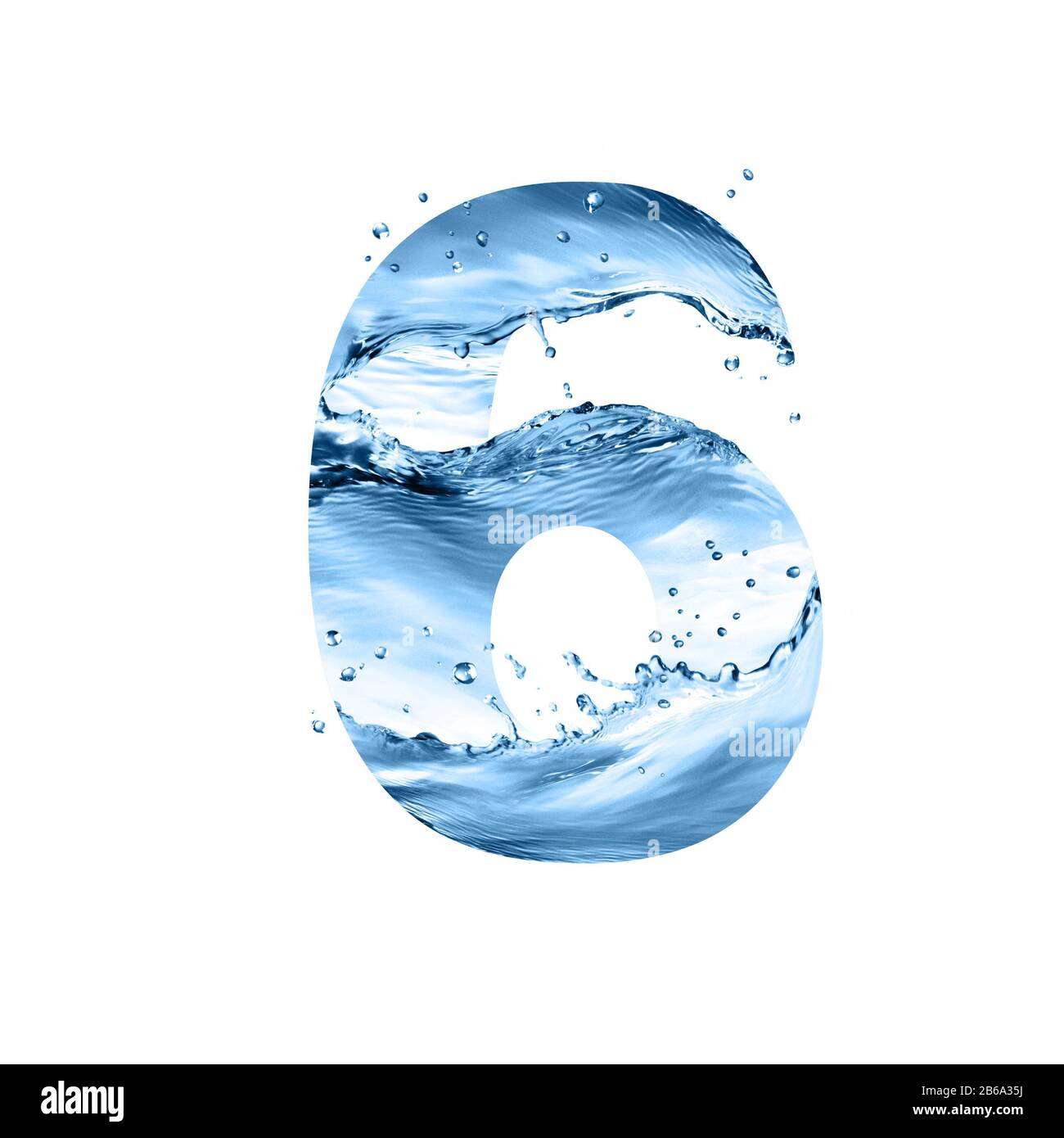 stylized font, text made of water splashes, digit six, isolated on white background Stock Photo