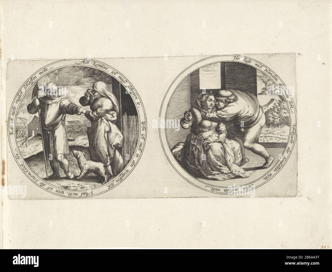 Farewell to a soldier and a man approaches seamstress medallions with ambiguous edge notebooks (series title) Two medallions with an ambiguous edge inscription in German. On the left medallion takes a weeping woman said goodbye to her husband, who as a soldier joins the army. Between them is a dog. The right medallion is a young woman in a sober starting to sew. For her there is a farmer who is embracing her and about her to kussen. Manufacturer : printmaker: anonymous design by: Marten van Cleve (I) (attributed to) Place manufacture: printmaker: Southern Netherlands to design: Antwerp Date: 1 Stock Photo