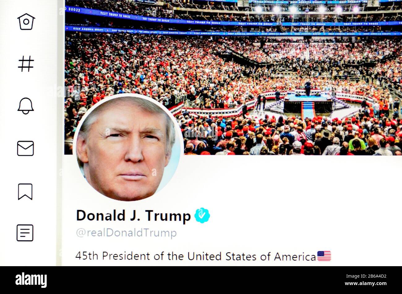 Twitter page (March 2020) Donald J Trump, US President Stock Photo