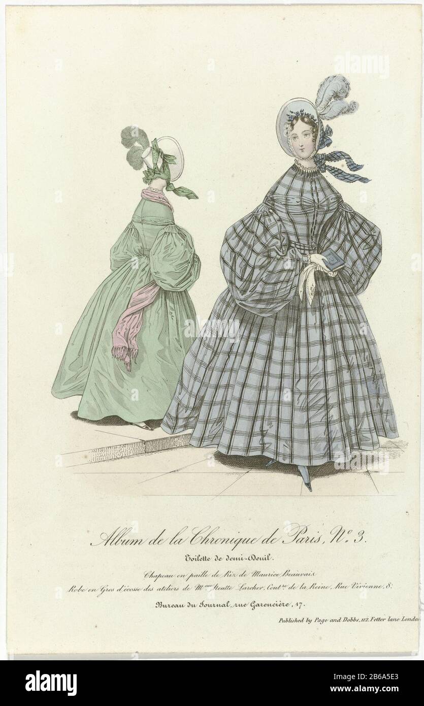Album Chronicle of Paris, ca 1835, No3 Toilet half Mourning () Toilette for half Hat "paille de Beauvais. Gown "gros d'Ecosse" from the studios of Heutte Larcher, de