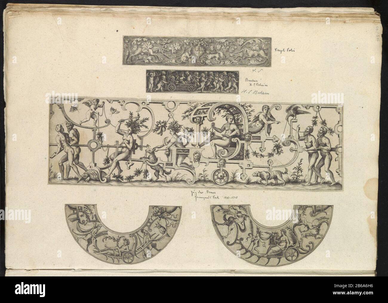 Album Leaf with five ornamental prints Album Leaf with five cutouts ornamental prints two friezes, Venus on a chariot pulled by wood nymphs and two semi-circles with satyrs and wagens. Manufacturer : print maker: Virgil Solis (indicated on object) print maker: Hans Sebald Beham (indicated on object) print maker: anonymous to a design of: Cornelis Forest site manufacture: print maker : Germany Print Author: Germany to design: The Netherlands Date: 1500 - 1599 Physical characteristics: etching and engras pasted on album sheet material: paper Technique: engra (printing process) / etch / paste dim Stock Photo