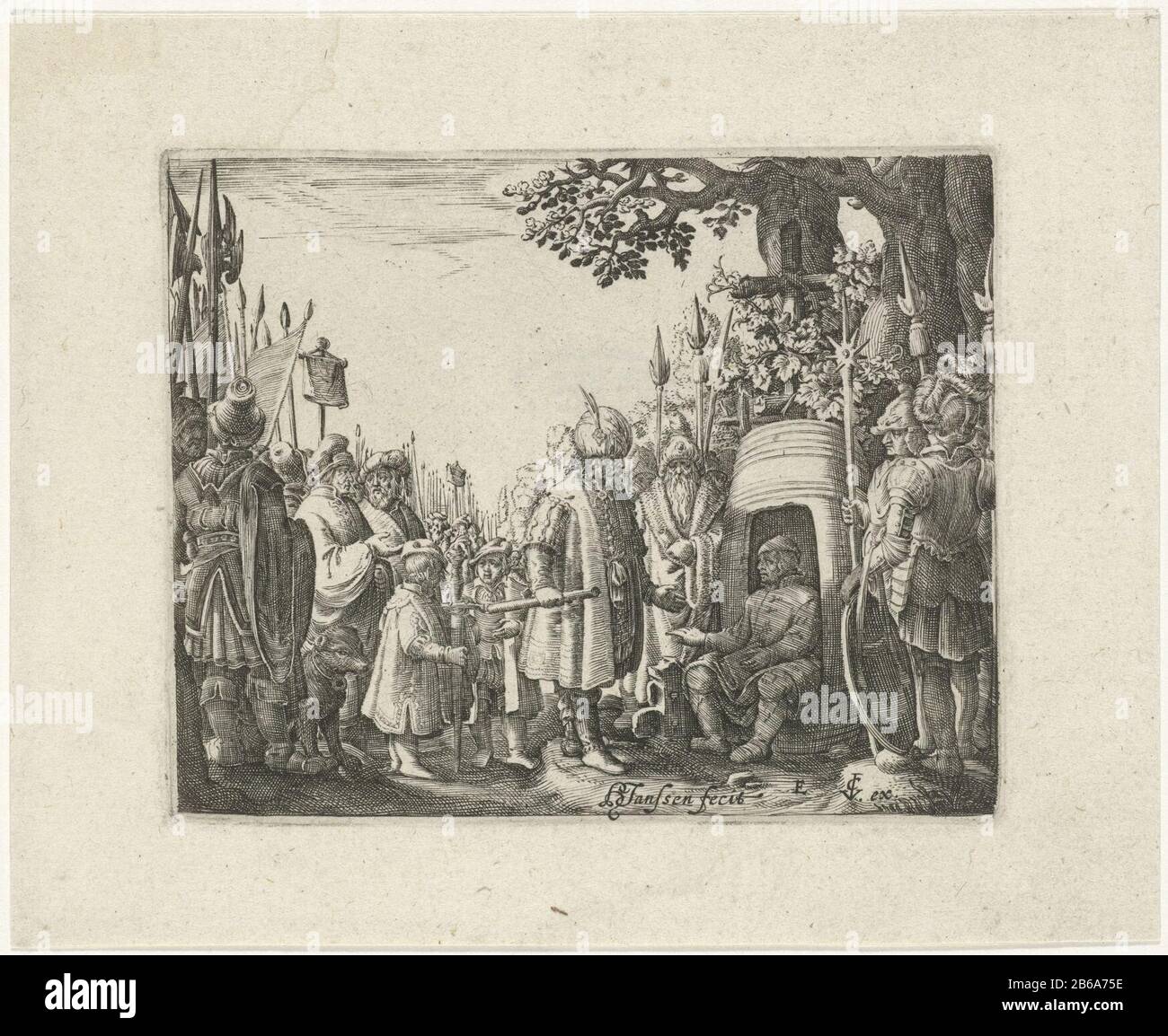 Alexander the Great and Diogenes Alexander the Great accompanied by pages  and soldiers. Diogenes in his right ton. Manufacturer : printmaker Hans  Janssen (listed building) publisher Claes Jansz. Visscher (II) (listed  building)