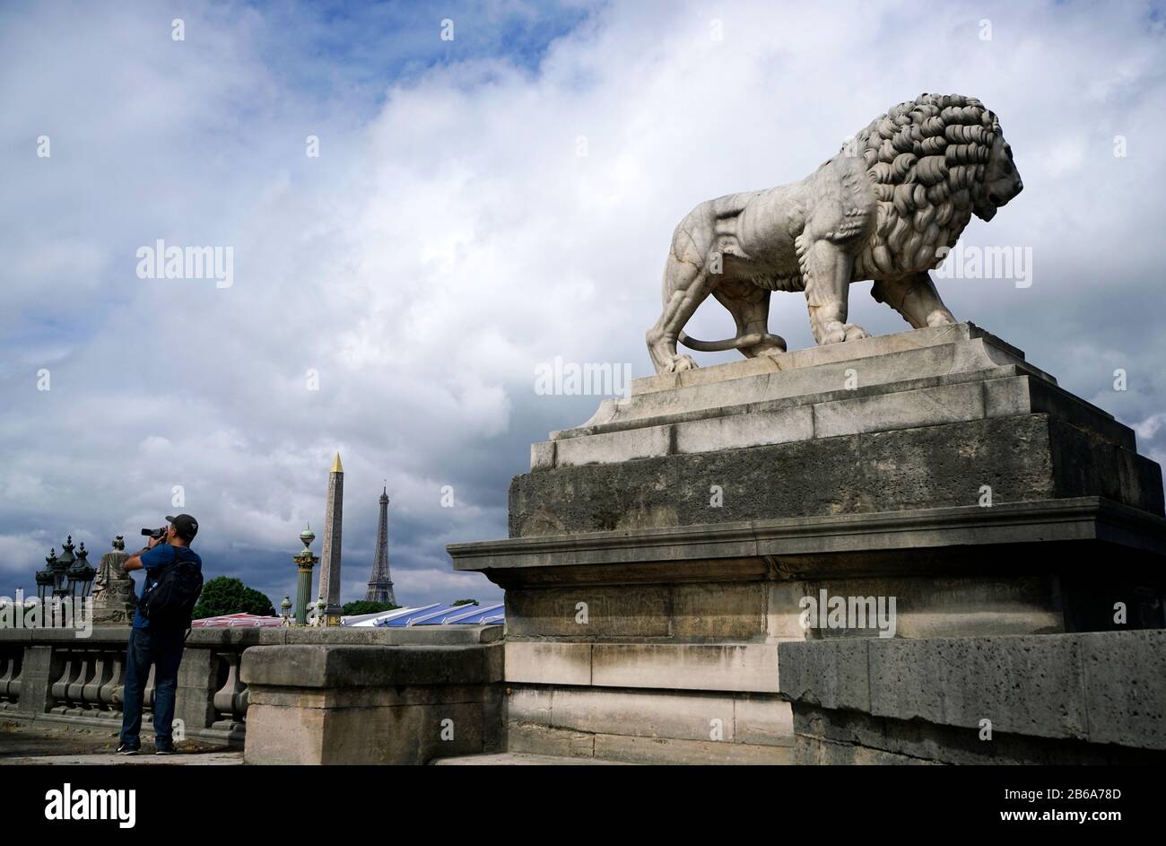 Stone statue of lion of Tuilerie Garden Jardin des Tuileries by the Place de la Concord with a tourist taking photo.Paris.France Stock Photo