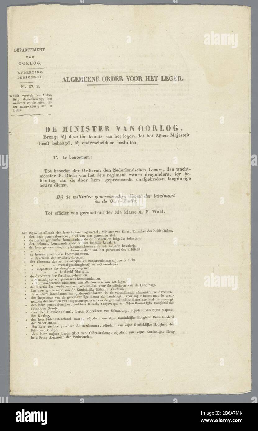 Common uses for the military order, NM-NM-11649-X-4 Three numbered and printed pp (folded sheet of paper) .Gedateerd; p.3: the 9th of October. Signature; Watermark: lion enclosure. Inscriptions; p.1 .: The Minister of oorlog. Manufacturer : Writer: Frederik Carel List Editor: War Department Place manufacture: Den Haag Date: Oct 9 1843 Material: paper Technique: print Dimensions: L 34.3 cm. B × 21.1 cm. Subject When: 1840 - 1845 Stock Photo