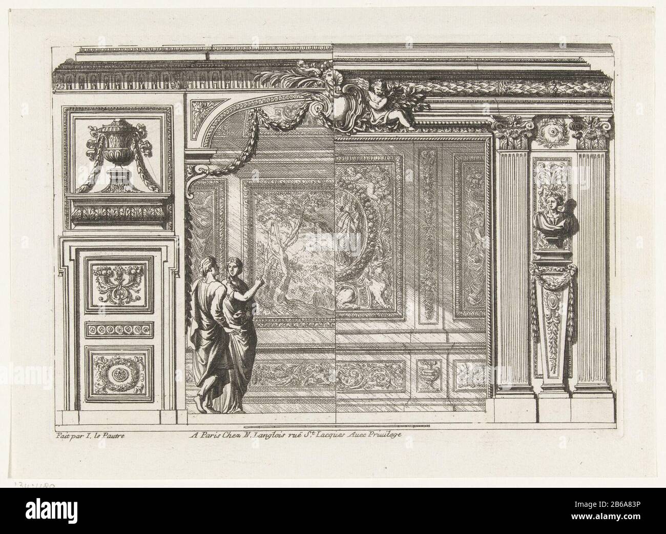 On the left a door with a dessus de porte vase. A right wall with two Corinthian pilasters separated by an emperor bust. Sheet 3 from series of six bladen. Manufacturer : printmaker Jean Lepautre (listed building) in its design: Jean Lepautreuitgever: Nicolas Langlois (I) (listed building) provider of privilege: Louis XIV (King of France) (specify object) Place manufacture: printmaker: France (possible) in its design: France (possible) publisher: Paris Date: 1678 Material: paper Technique: etching dimensions: plate edge: h 146 mm × W 208 mm Stock Photo