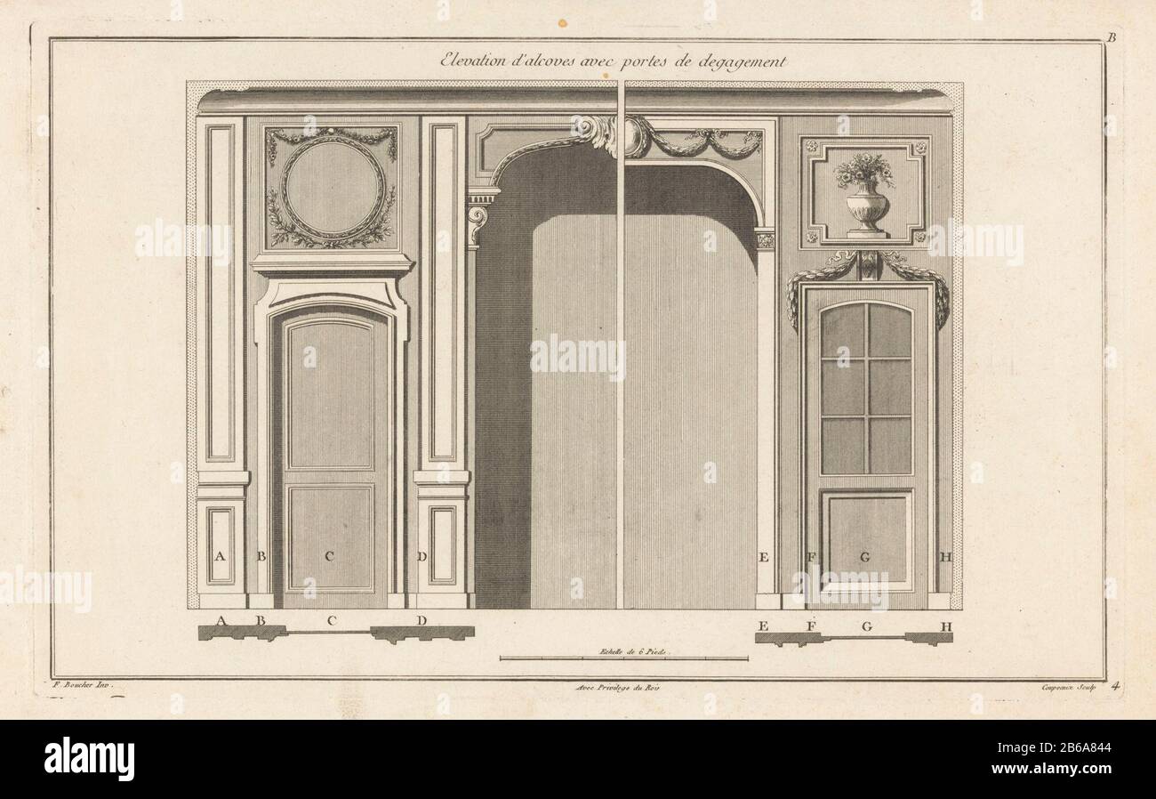 Alcove with medallion and Elevation vase d'avec alcoves portes de degagement (title object) B Alkoven (series title) Design and profile of an alcove flanked by doors dessus de portes left with a circular medallion, right with a vase bloemen. Manufacturer : printmaker: Ch. G. Coupeaux (listed property) designed by: Juste Nathan François Boucher (listed building) Editor: Jacques-François Chéreauverlener of privilege: French crown (listed property) Place manufacture: Paris Date: 1752 - 1794 Physical features: etching and engra materials : paper Technique: etching / engra (printing process) Measur Stock Photo
