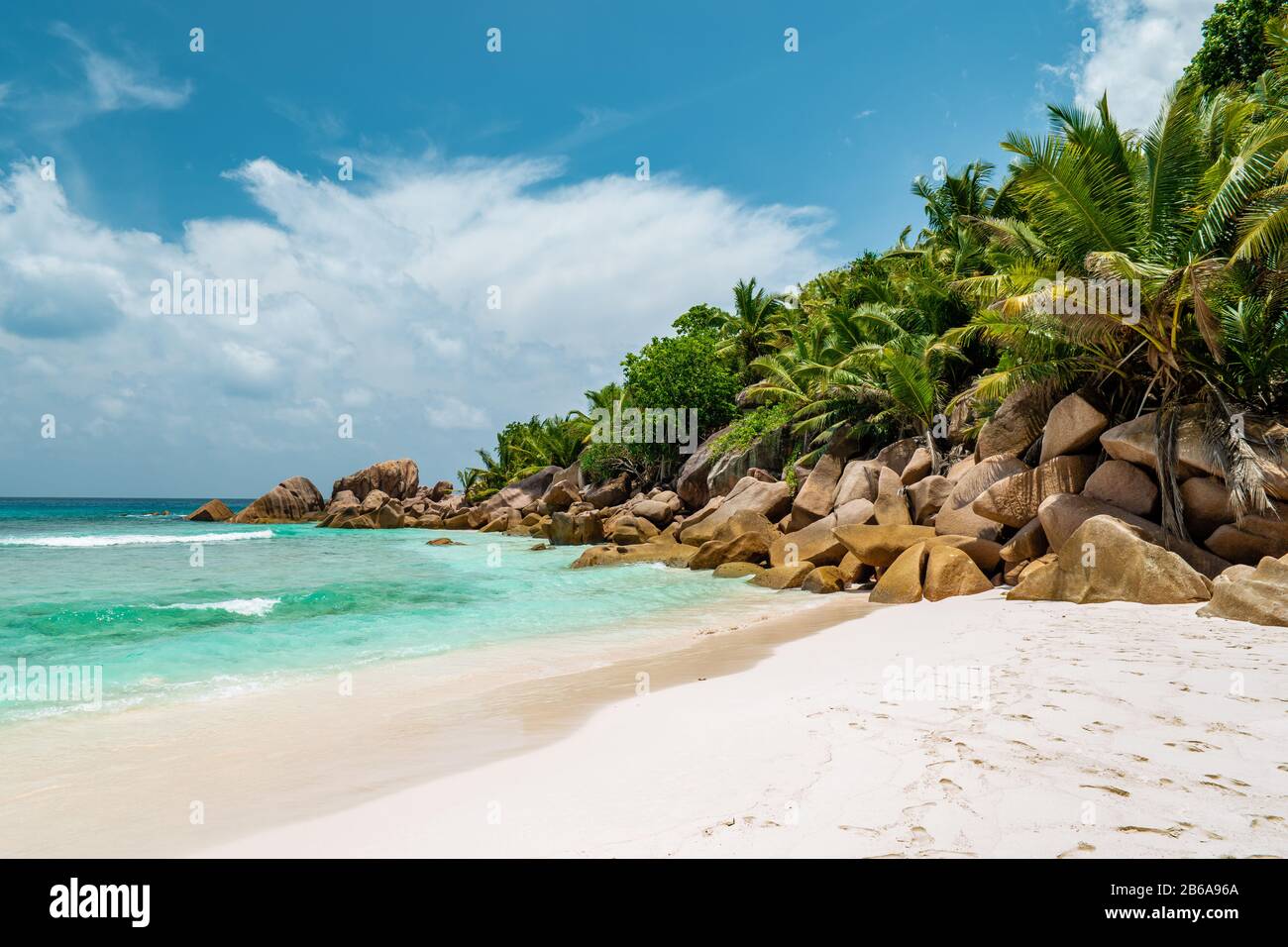 Praslin Seychelles, beach tropical island with palm trees Seychelles Praslin  Stock Photo