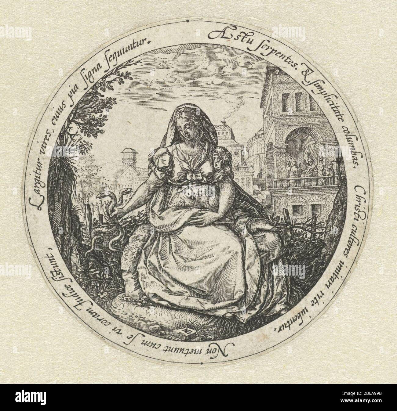Allegory of Prudence and Innocence Round representation of a woman in a garden. On her lap two doves, two snakes in her right hand. In the background right a group of people in the loggia of a large building. To show a Latin tekst. Manufacturer : printmaker: Hendrick Goltzius (listed building) in its design: Hendrick Goltzius Publisher: Hendrick Goltzius Place manufacture: Haarlem Dating: ca. 1580 - ca. 1582 Physical features: car material: paper Technique: engra (printing process) dimensions: d 74 mm Subject: Prudence, 'Prudentia'; 'Prudenza '(Ripa)  one of the Four Cardinal VirtuesInnocence Stock Photo