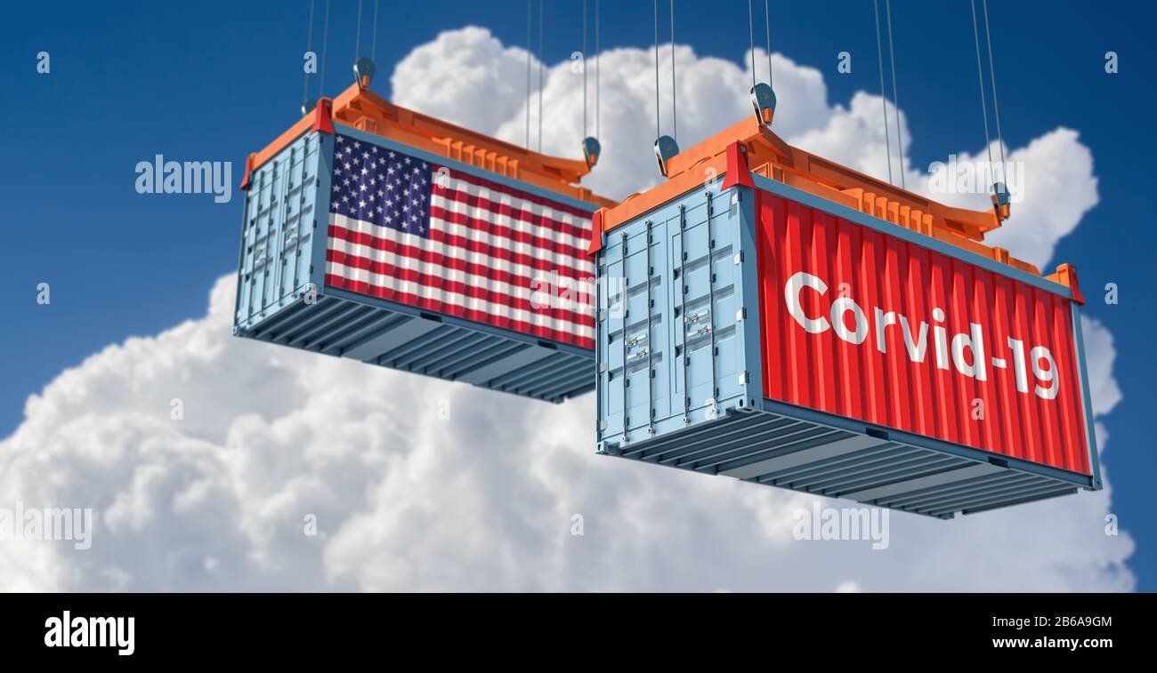 Container with Coronavirus Corvid-19 text on the side and container with USA Flag. Concept of international trade spreading the Corona virus. Stock Photo