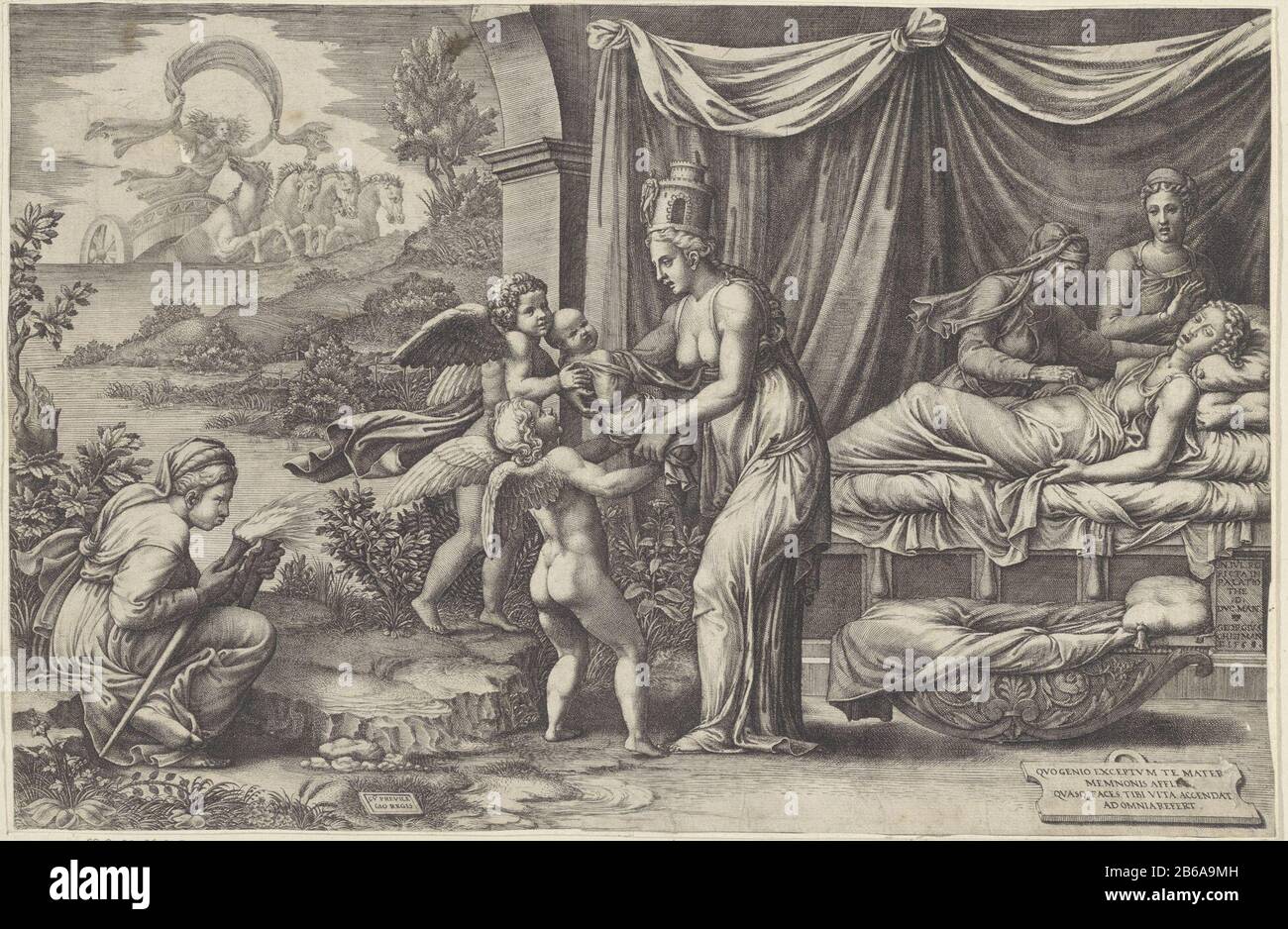 Allegory of the Nativity a woman gives a newborn baby with two putti