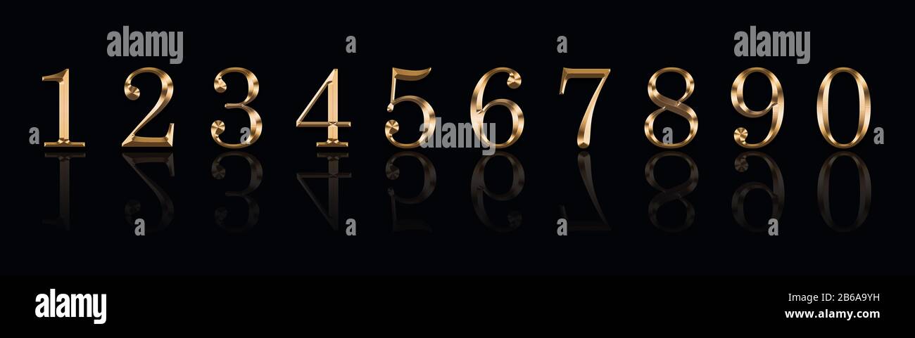 Golden numbers 1,2,3,4,5,6,7,8,9,9 on a black background Stock Photo