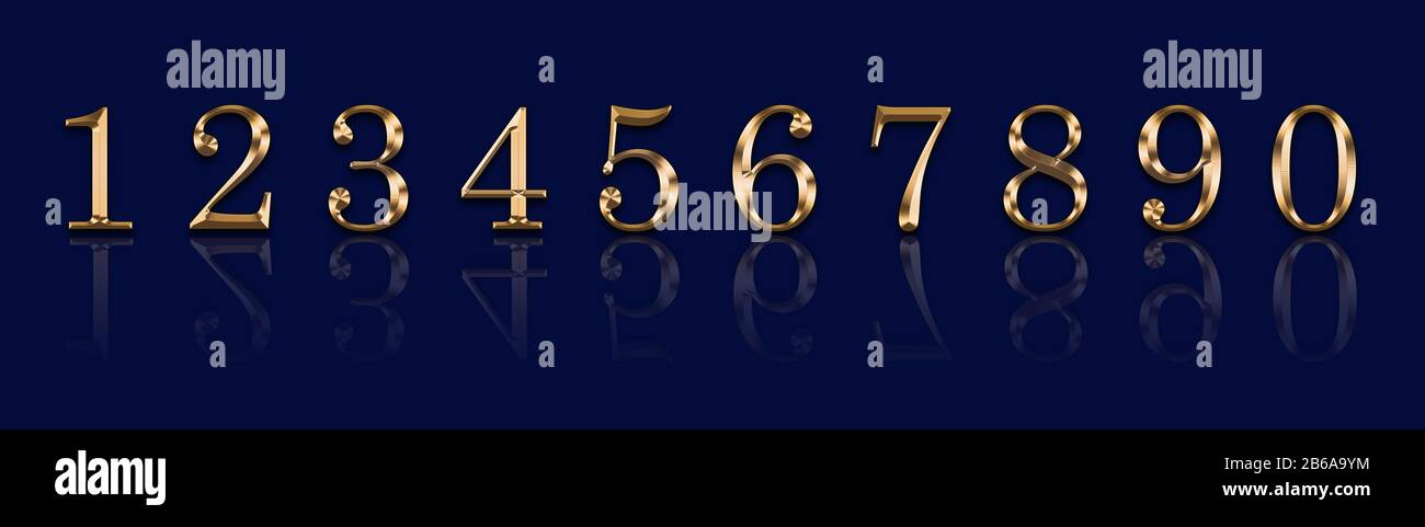 Golden numbers 1,2,3,4,5,6,7,8,9,9 on a blue background Stock Photo