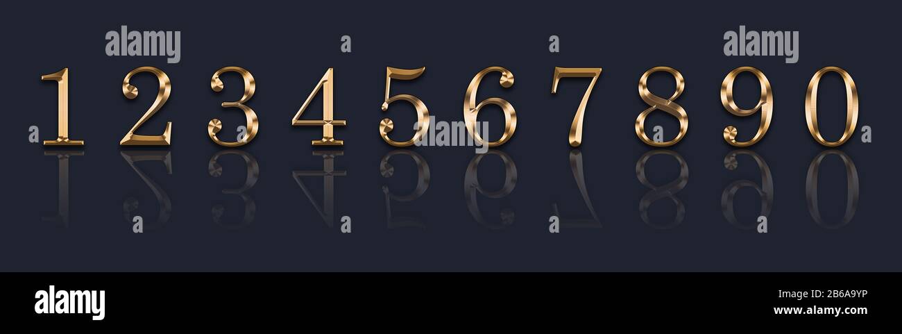 Golden numbers 1,2,3,4,5,6,7,8,9,9 on a gray background Stock Photo