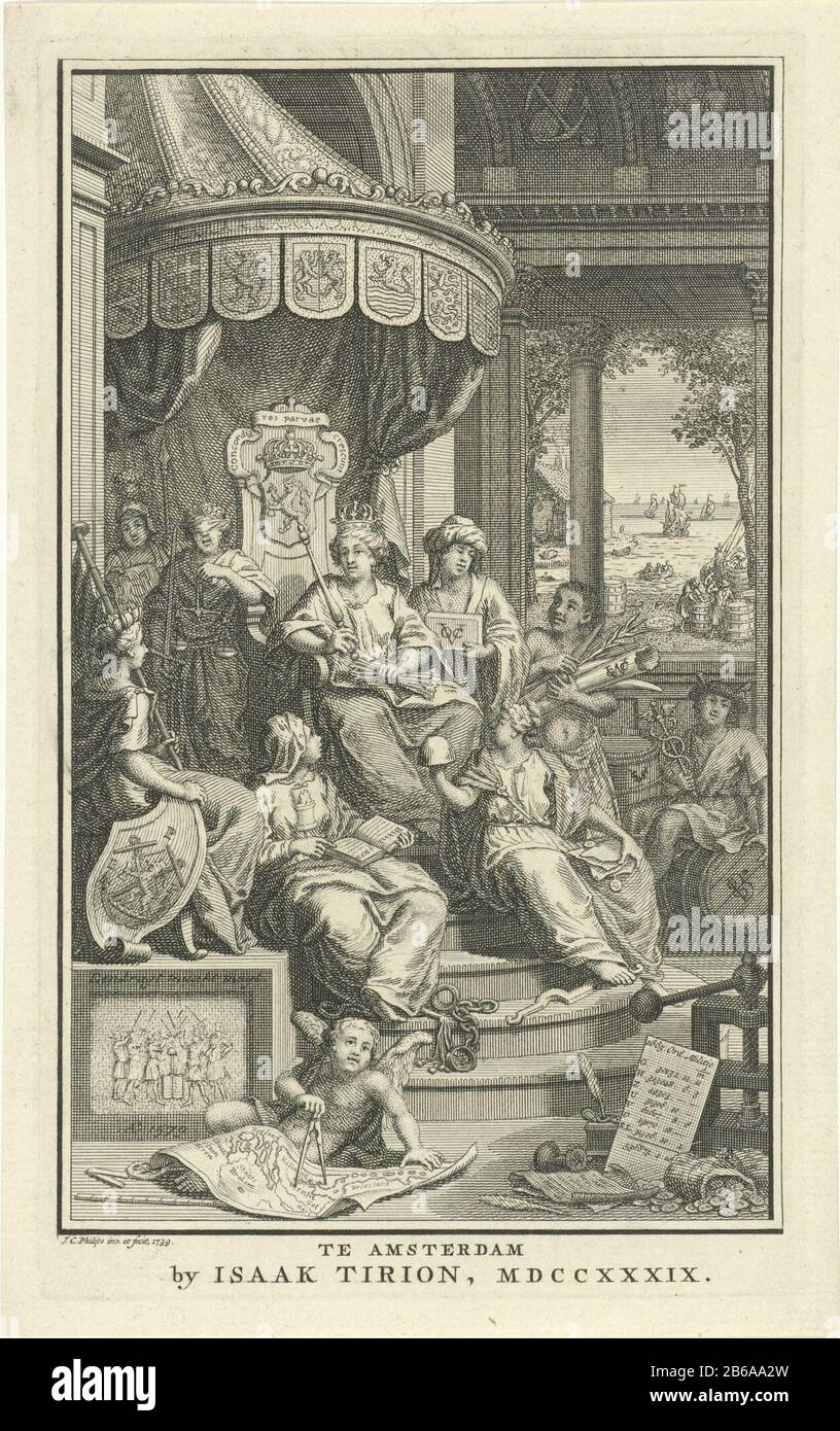 Allegory of the Dutch Republic Title page for J Wagenaar, Modern State history, or Present state of the United Netherlands, 1739 Check with the personified Concord on a throne adorned with the coat of arms of the Dutch Republic. She is accompanied by figures that symbolize the prosperity they bring the Republic. In the foreground a putto with a map of the Republic. In the background a view of a haven. Manufacturer : printmaker Jan Caspar Philips (listed building) in its design: Jan Caspar Philips (listed building) Publisher: Isaak Tirion (listed property) Place manufacture: Amsterdam Date: 173 Stock Photo