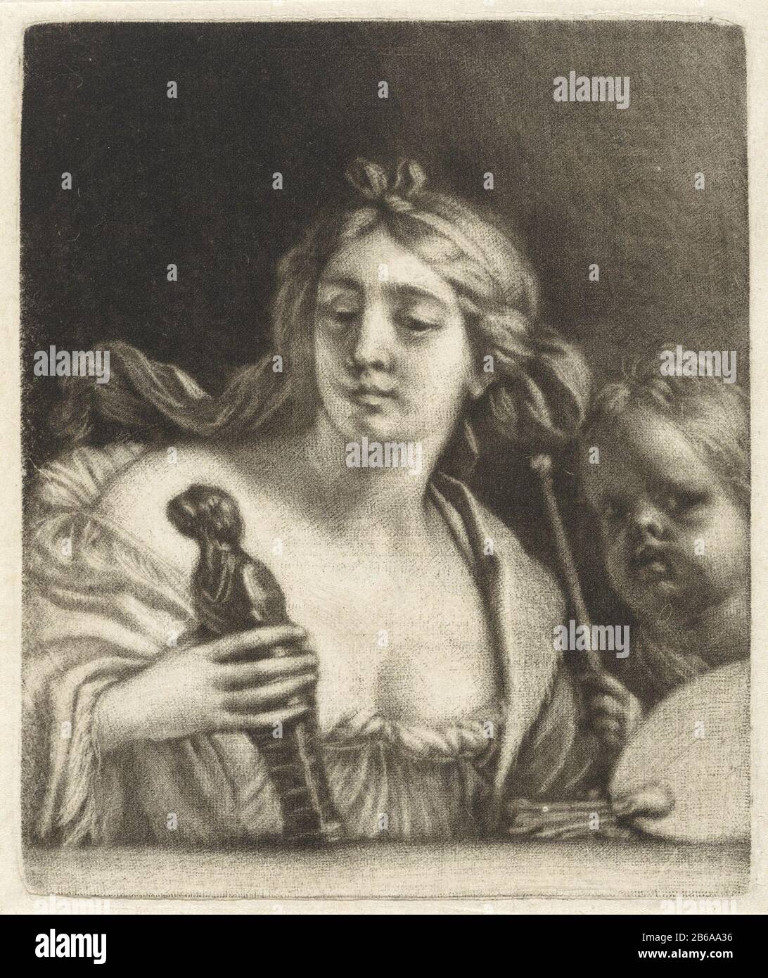 Allegory of Painting A woman and a child with a statuette and a schilderspalet. Manufacturer : print maker: Gerard de Lairesse Place manufacture: Amsterdam Date: 1670 - 1680 Physical characteristics: mezzotint material: paper Technique: mezzotint dimensions: plate edge: h 109 mm × b 90 mm Subject: 'Pictura', symbolic representations, ALLEGORIES and emblems  painting; 'Pittura '(Ripa) palette Stock Photo